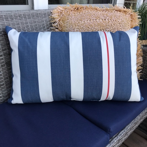 New Pottery Barn Ajay Striped Indoor/Outdoor Lumbar Pillow, Navy Blue Nautical - Picture 5 of 7